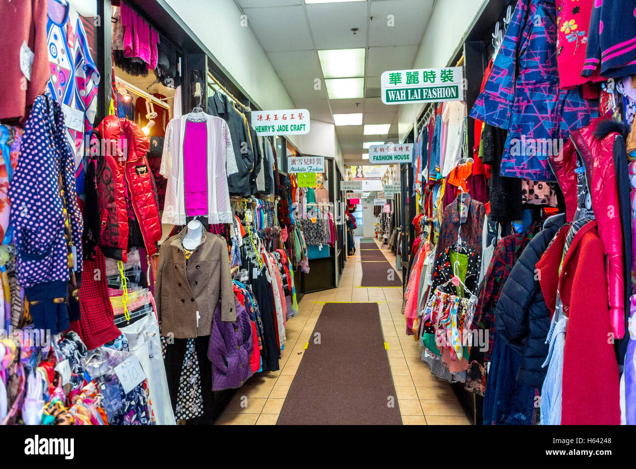San Francisco, CA, USA, Interior view, inside CHinese Shopping Center, discount Clothes Stalls, Aisle, fast fashion Stock Photo