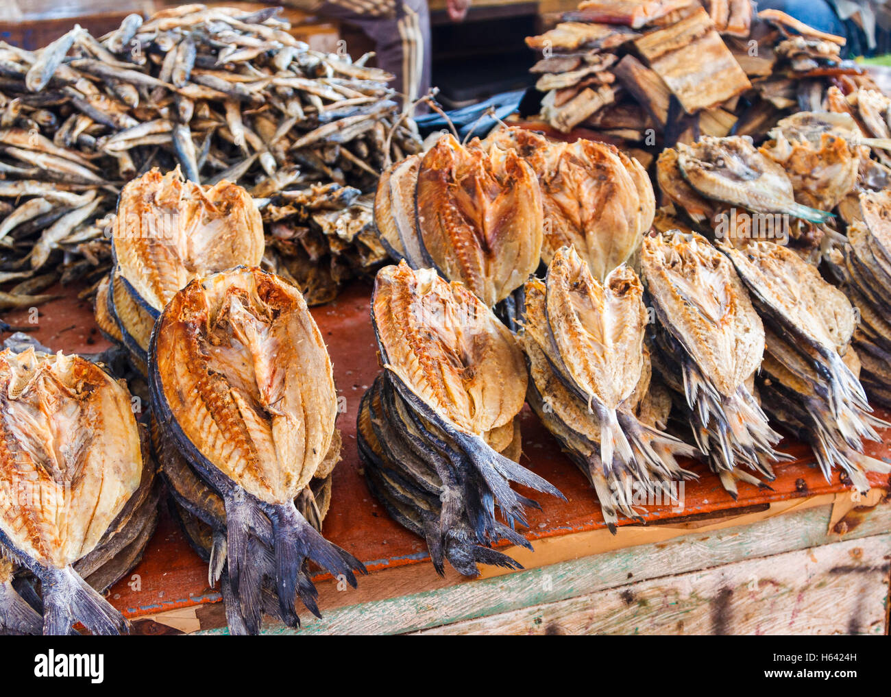 Dried fishes in a market. Stock Photo