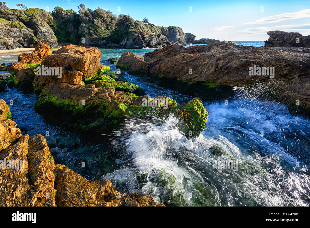 View of Pillow lava. This rock shape is most often the result of undersea volcano eruptions.Narooma Surf Beach, New South Wales, NSW, Australia Stock Photo