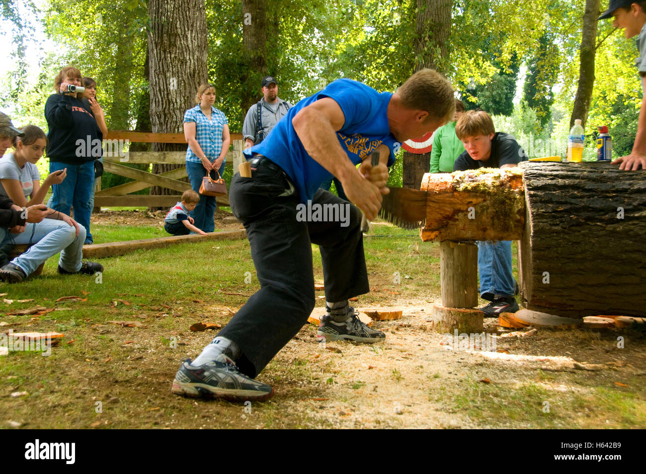 Double Bucking (sawing), Linn County Loggers' Jamboree, Linn County Pioneer Picnic, Pioneer Park, Brownsville, Oregon Stock Photo