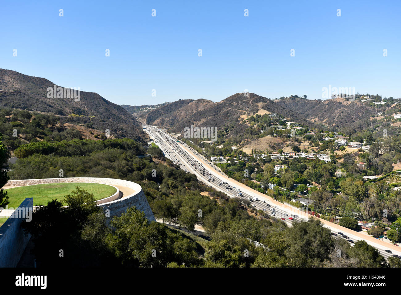 An aerial view of the 405 highway in Los Angeles California from the Getty Museum Stock Photo