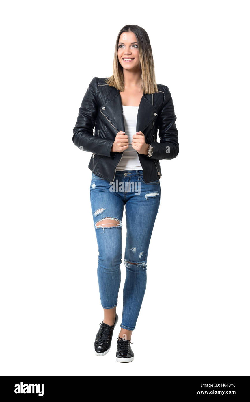 Gorgeous casual cute girl with ombre hairstyle in black leather jacket. Full body length portrait isolated over white Stock Photo