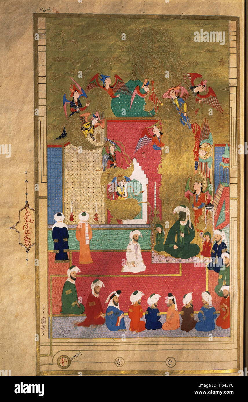 Prophet Muhammad (c.570-632) with a court of angels in heaven, surrounded by his first followers, their relatives and close friends with his uncle and educator Ali Ibu Abi Talib (601-661). Miniature of a Persian manuscript, 1583. Topkapi Palace Museum. Library. Istanbul. Turkey. Stock Photo