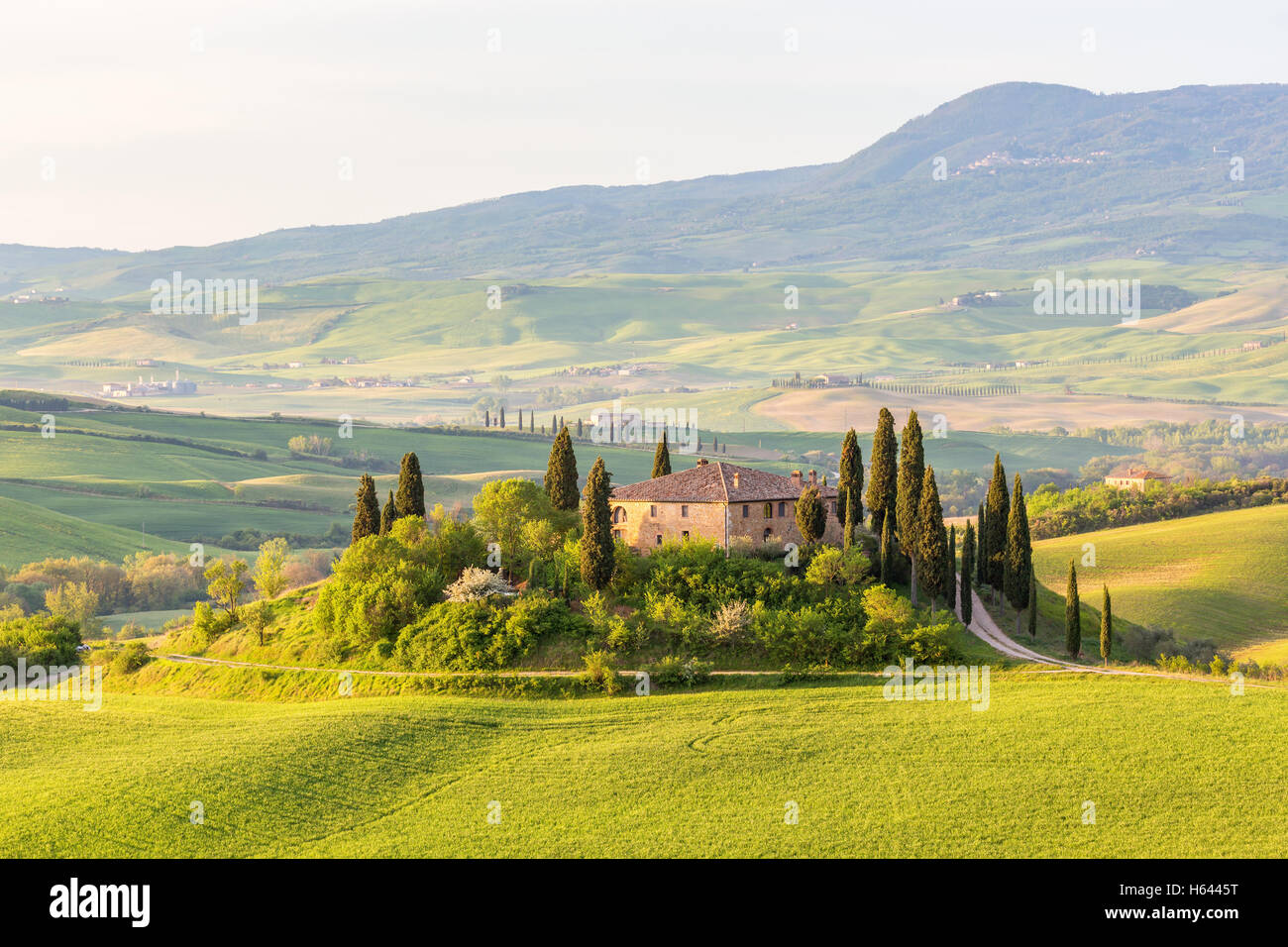Farm house on a hill in Tuscany landscape Stock Photo - Alamy