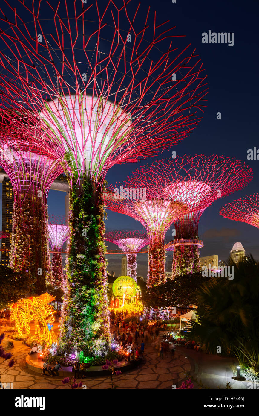 Illuminated Supertrees at Garden by the Bay, Singapore Stock Photo
