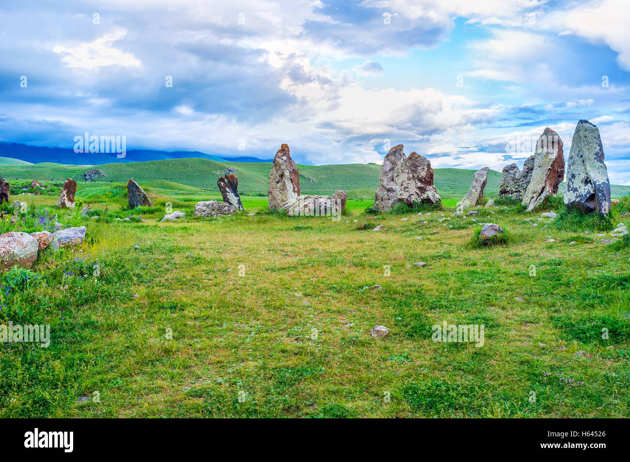 Huge boulders of Zorats Karer guard their meadow since old times, standing like the brave knights among the highlands, Syunik Stock Photo