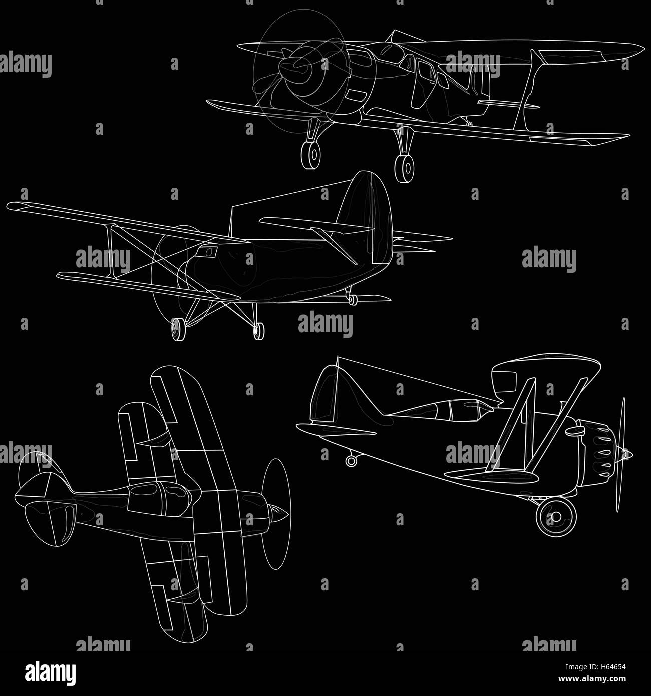 Bi plane collection isolated on sky. Vector  illustration. Stock Vector