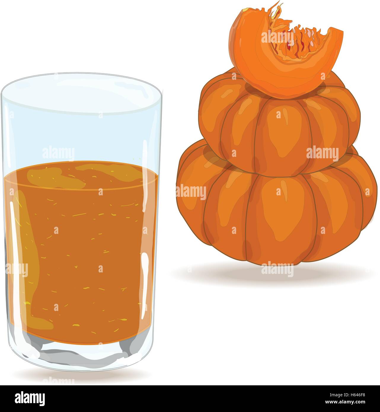 Piece of pumpkin behind glass of pumpkin juice isolated on white Stock Vector