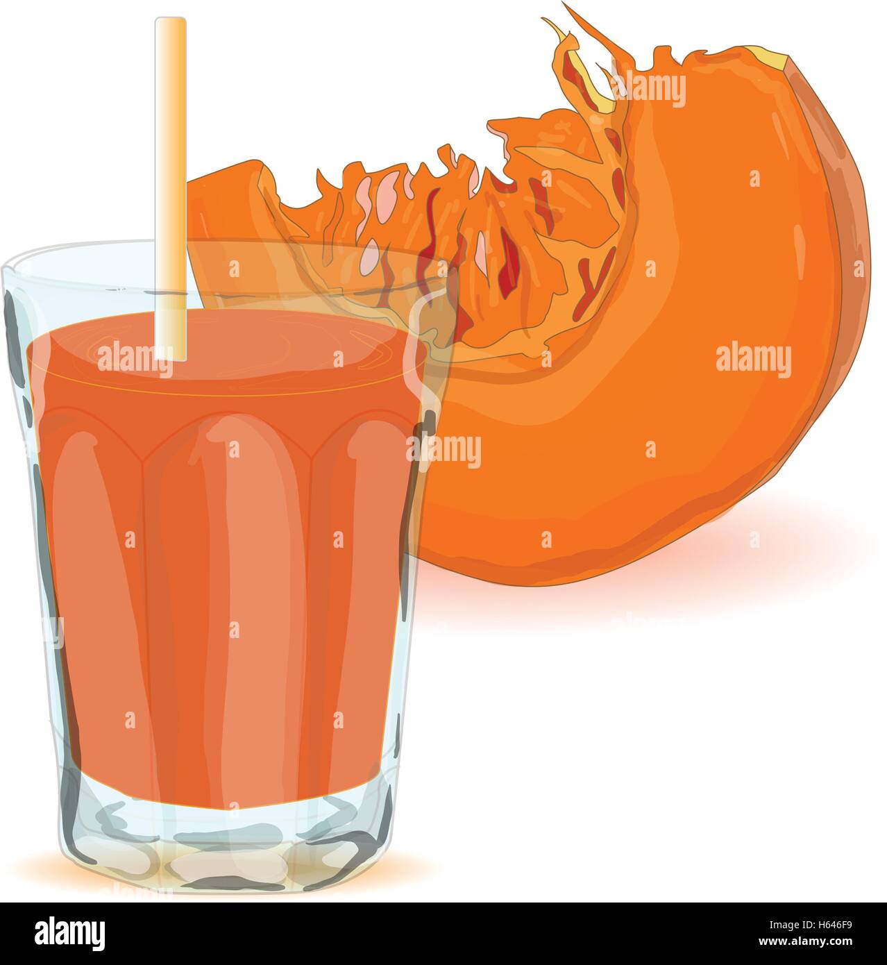 Piece of pumpkin behind glass of pumpkin juice isolated on white Stock Vector