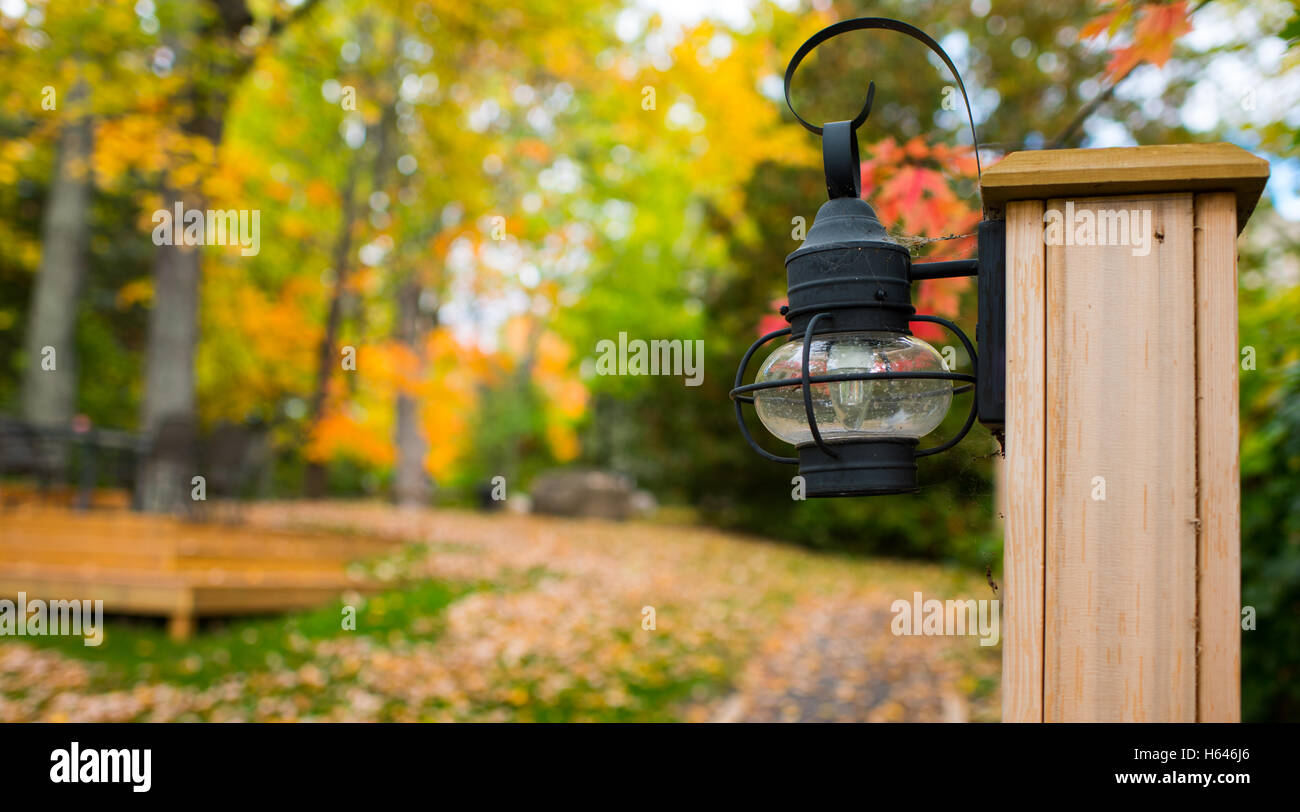 Autumn colors, fallen leaves and a lantern in a park. Stock Photo