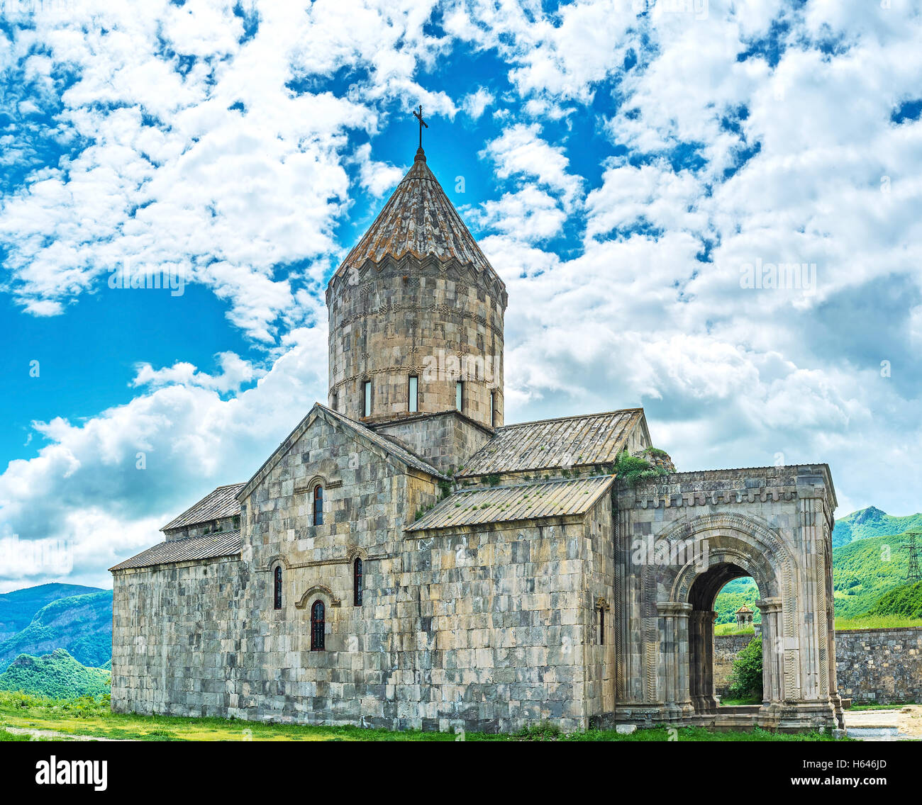 The medieval stone basilica is the largest building in fortified complex of Tatev Monastery, it's dedicated to St Peter and Paul Stock Photo