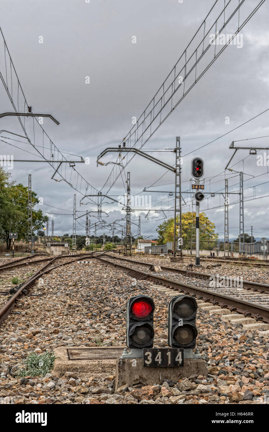 Espeluy railway platform and train tracks, Jaen province, Spain Stock Photo