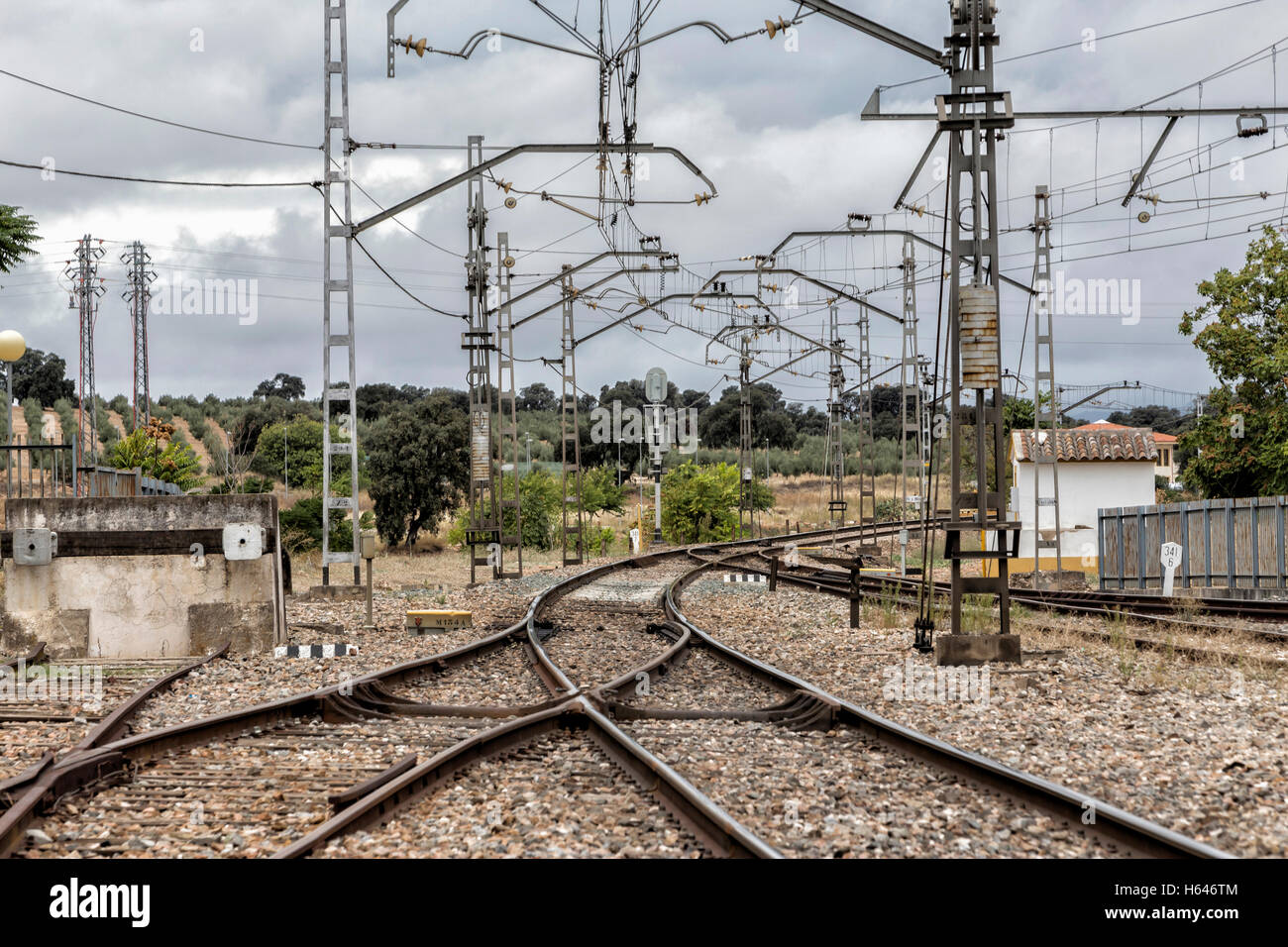 Espeluy railway platform and train tracks, Jaen province, Spain Stock Photo