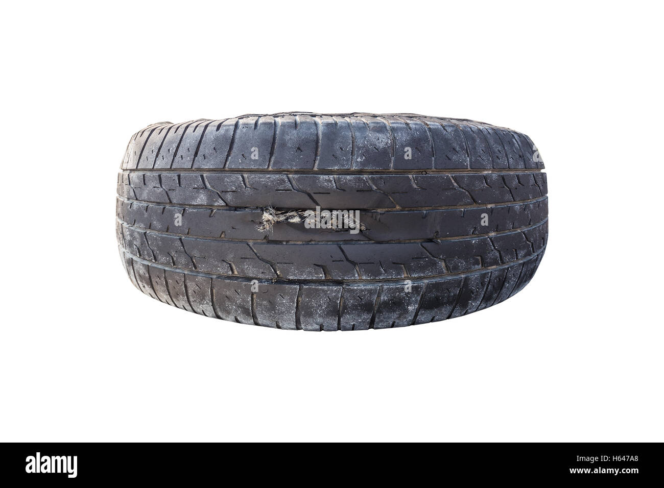 Broken tire damaged on tire surface which isolated on white background