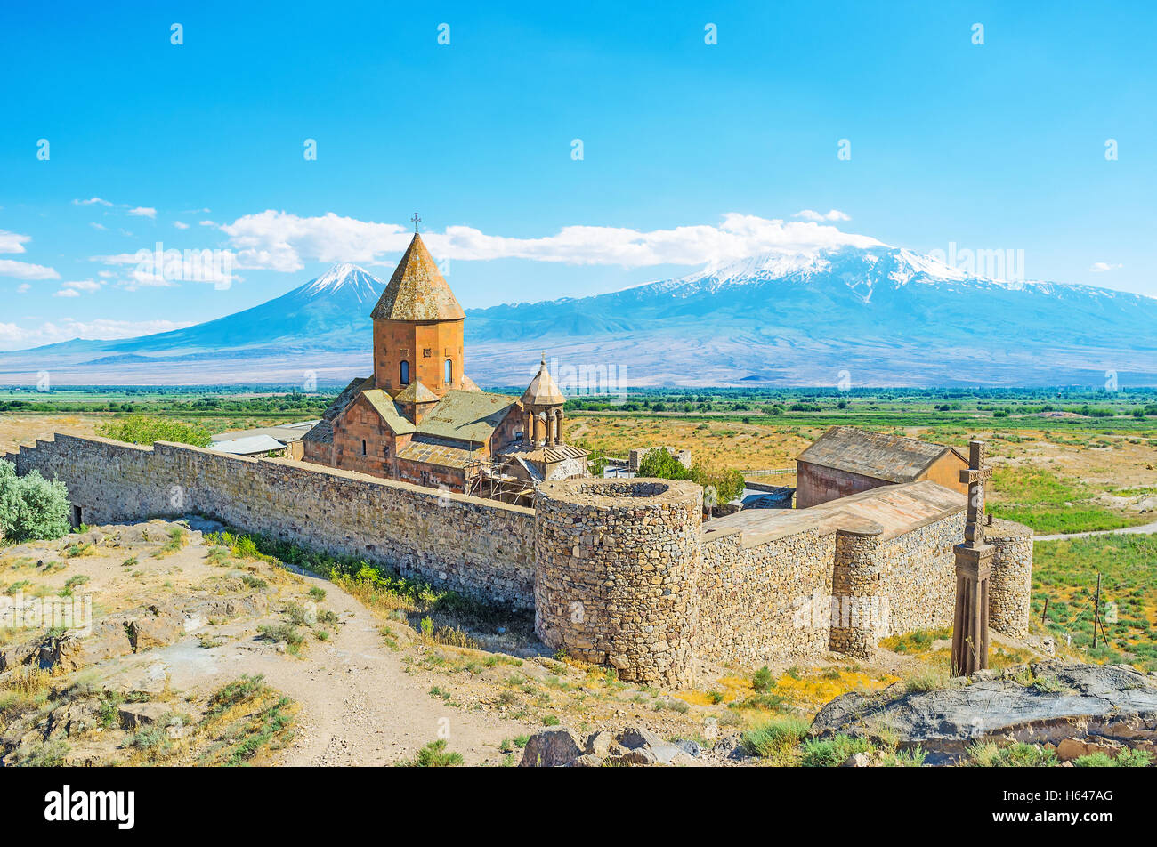 The fortified Khor Virap Monastery located on Ararat Plain, not far from Greater Ararat Mount, Pokr Vedi, Armenia. Stock Photo