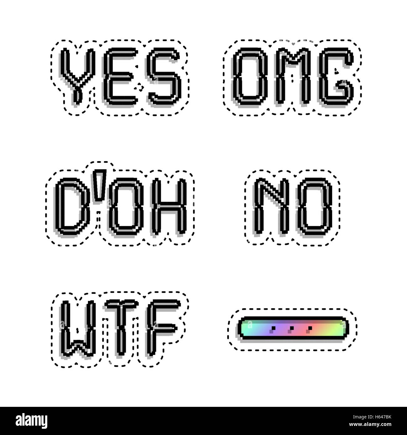 Popular phrases Omg Yes No Wtf Doh. Sticker style pixel art Stock