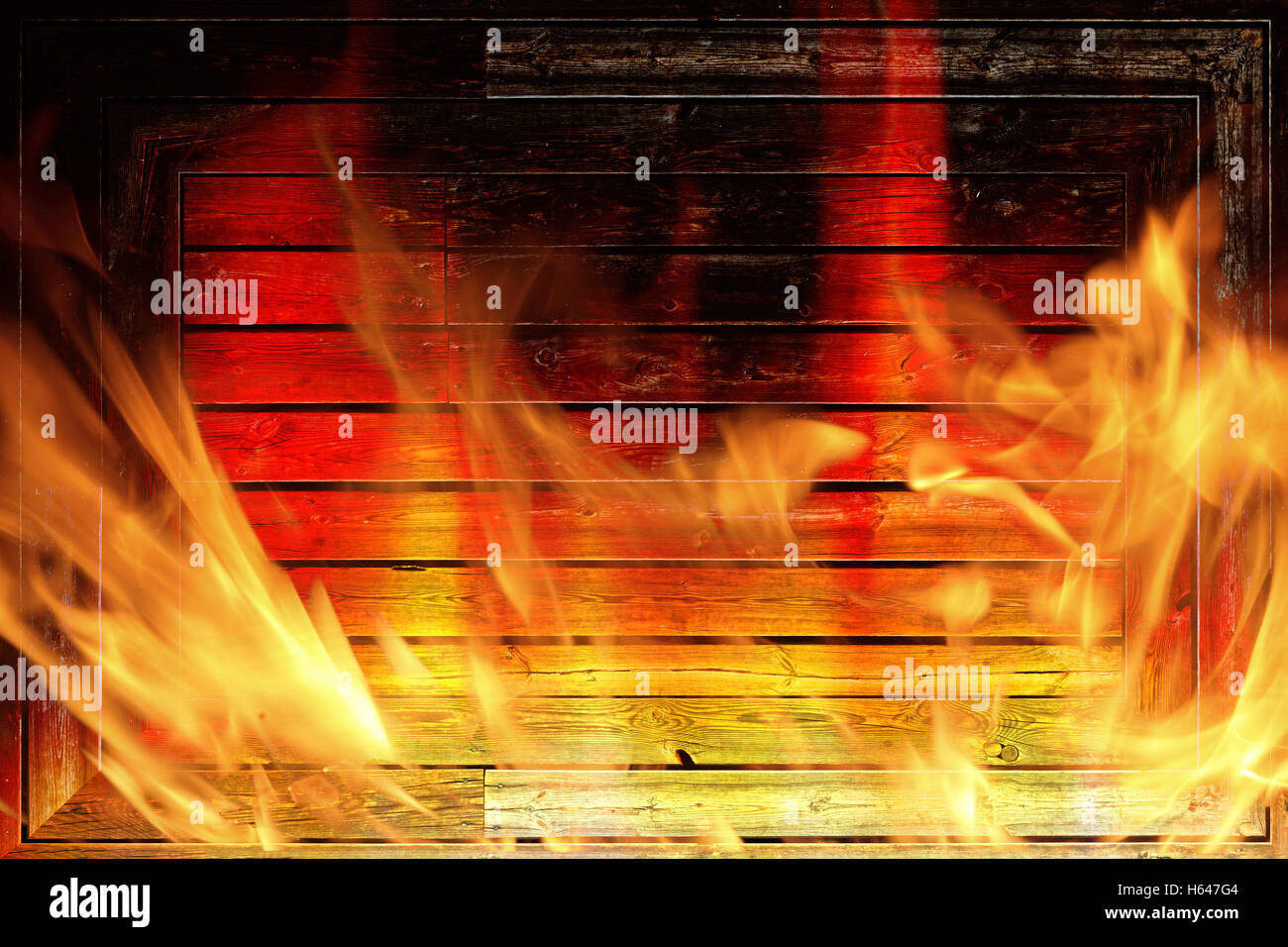 Wooden wall on fire with flames - Fire safety concept Stock Photo - Alamy