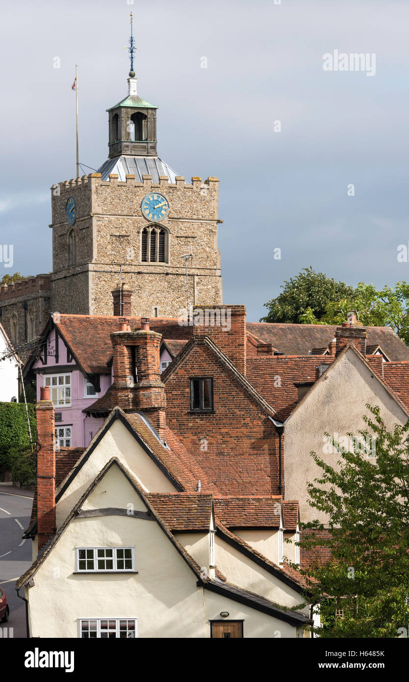 St John the Baptist church towering over cottages Finchingfield Essex England 2016 Stock Photo