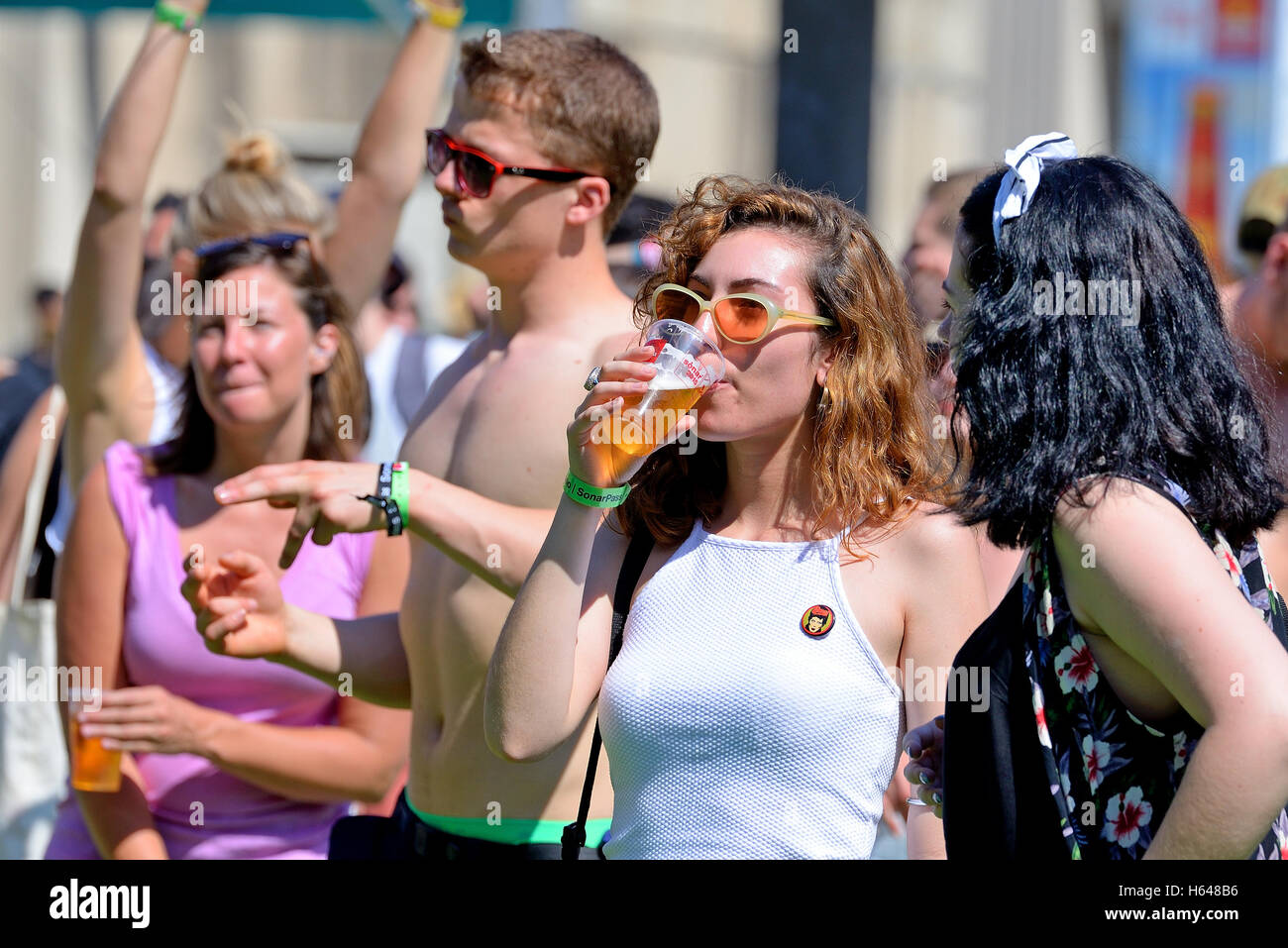 BARCELONA - JUN 18: People dance at Sonar Festival on June 18, 2015 in Barcelona, Spain. Stock Photo