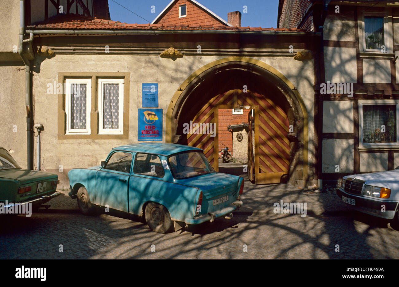 Trabant car in front of German Russian friendship office in Heilbad Heiligenstadt, Thuringia, 1989 Stock Photo