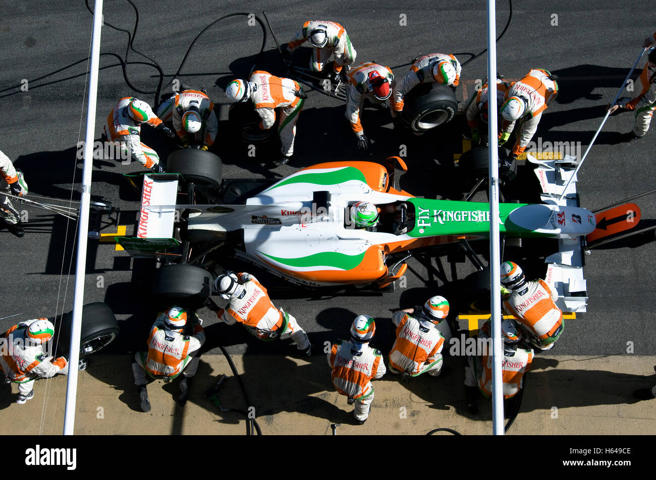 Motorsports, pit stop of Vitantonio Liuzzi, ITA, in the Force India VJM02 race car, Formula 1 testing at the Circuit de Stock Photo