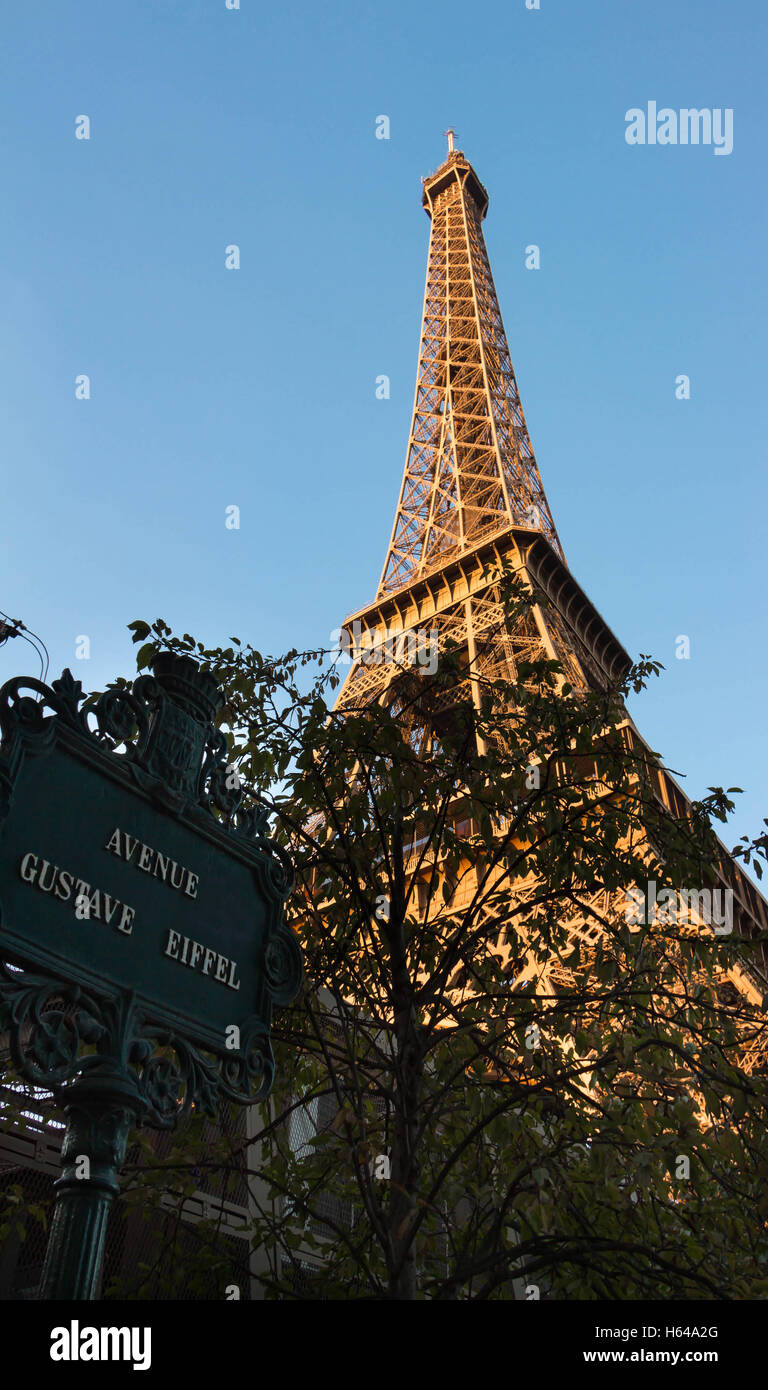 The Eiffel tower and avenue plate of Gustave Eiffel, Paris, France