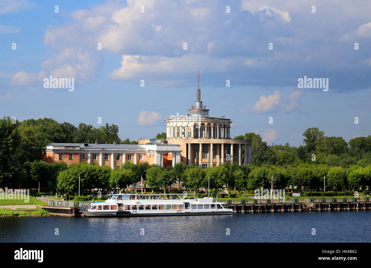 Marine station in Russia in the city of Tver with the boat on the river Volga Stock Photo