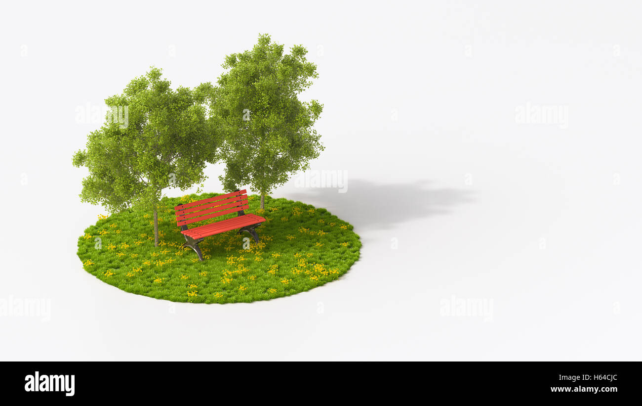 Red bench under oak trees on grass Stock Photo