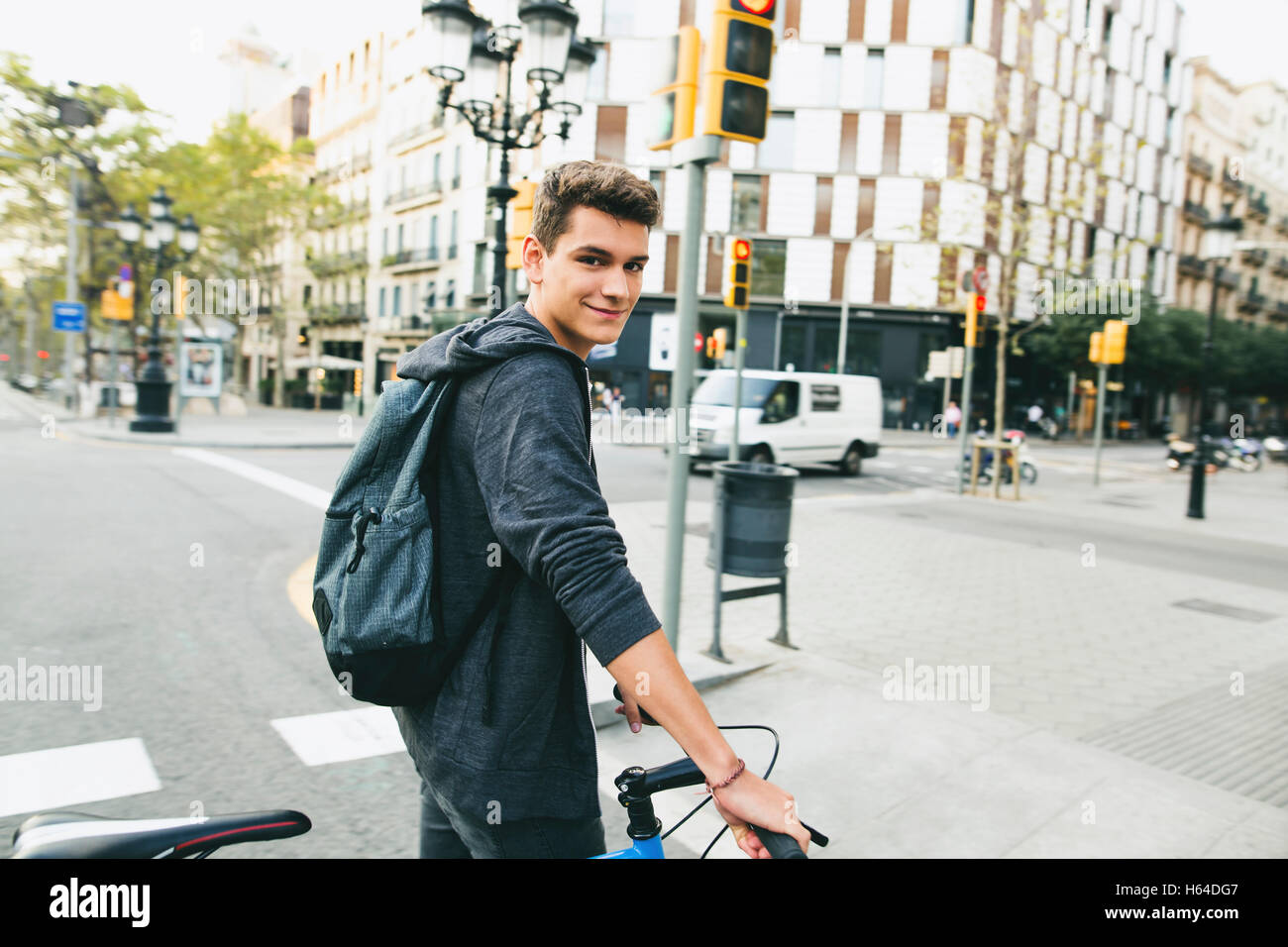 Teenager with a fixie bike in the city Stock Photo
