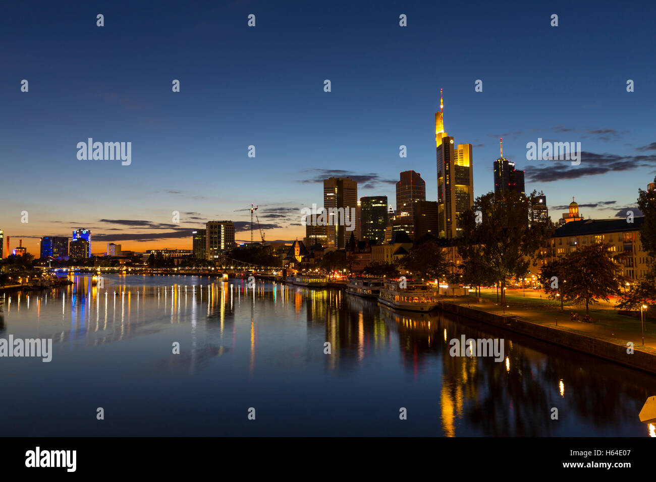 Germany, Hesse, Frankfurt, financial district in the evening Stock Photo