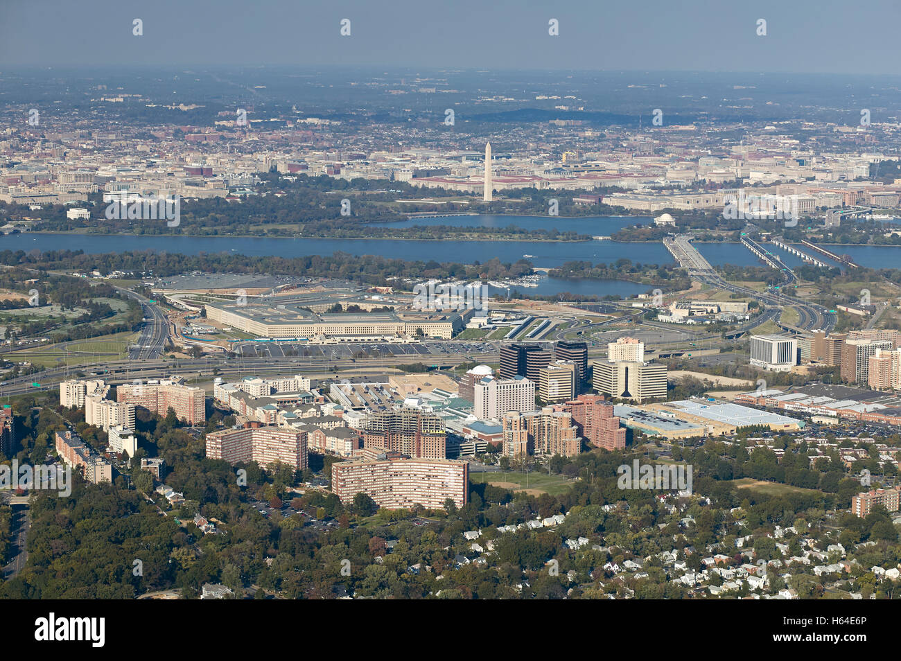 USA, Aerial photograph above South Arlington, Virginia looking across the Potomac River on Washington, D.C. Stock Photo