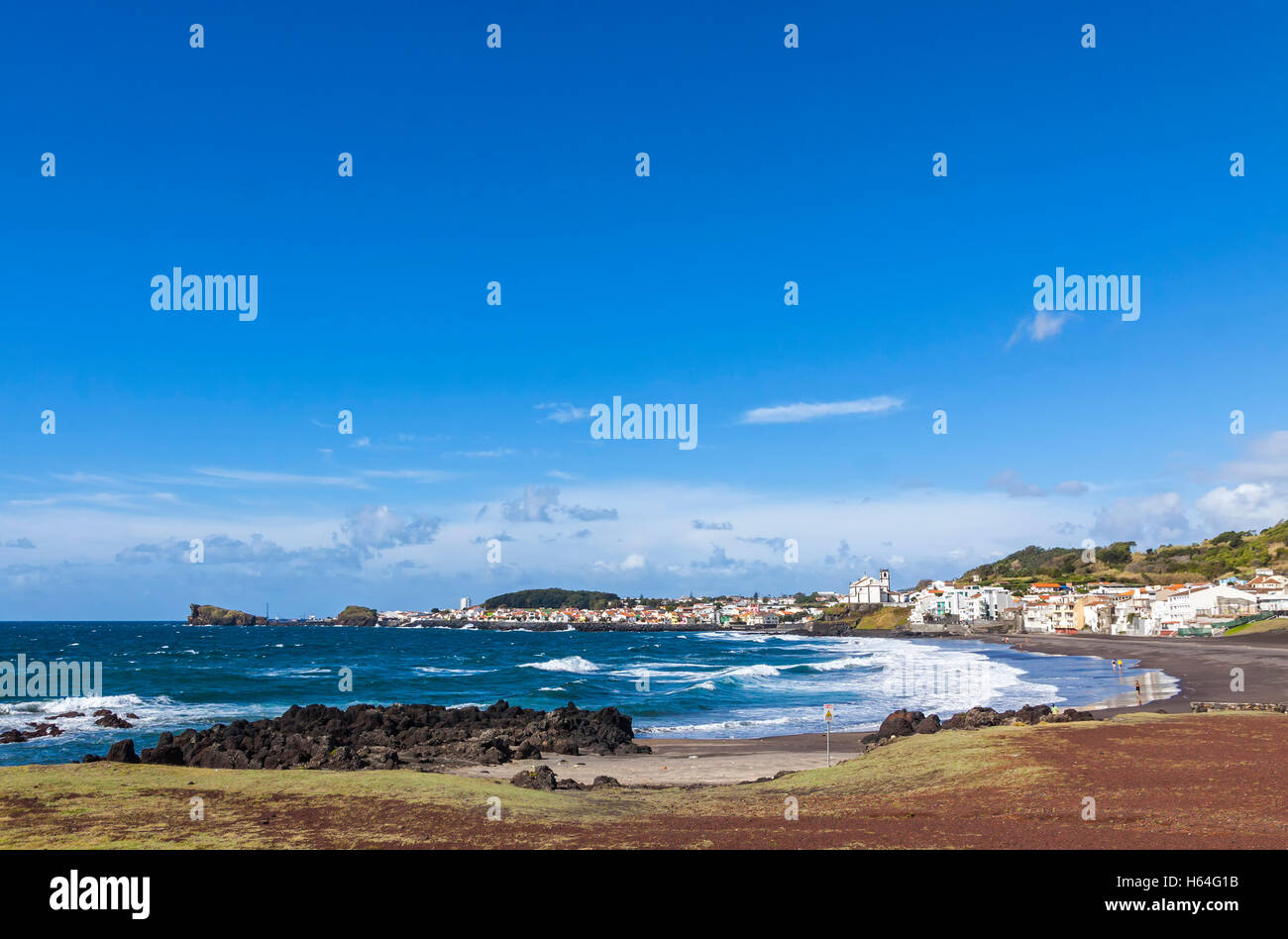 View on Ponta Delgada city and Atlantic ocean coast on Sao Miguel island, Azores, Portugal Stock Photo