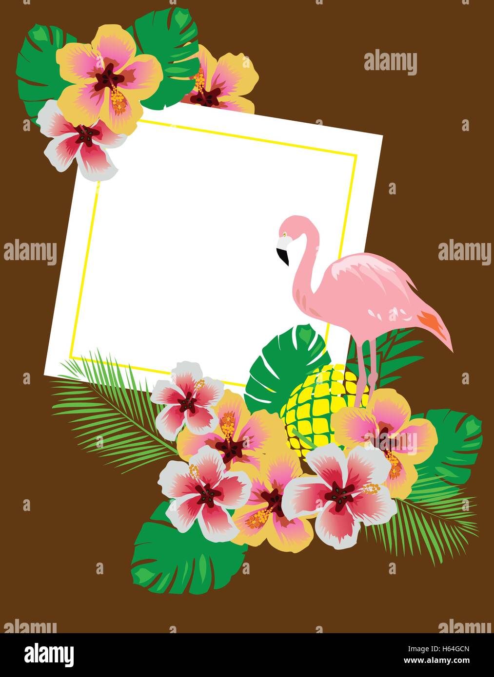 vector illustration of flamingo background with flowers, palm leaves ...