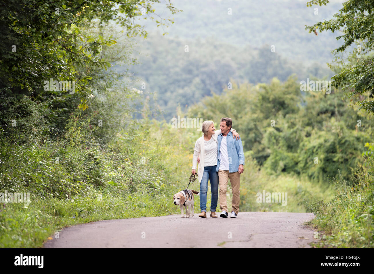Senior couple on a walk with dog in nature Stock Photo - Alamy