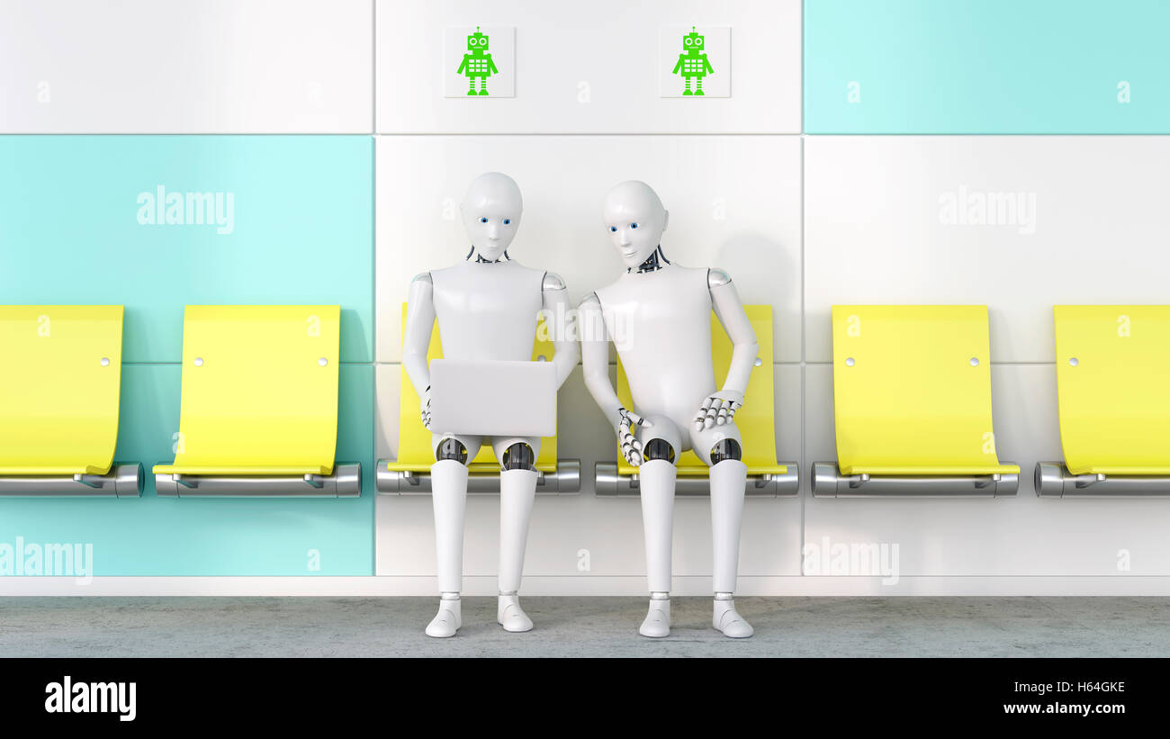 Two robots looking at laptop, 3D Rendering Stock Photo