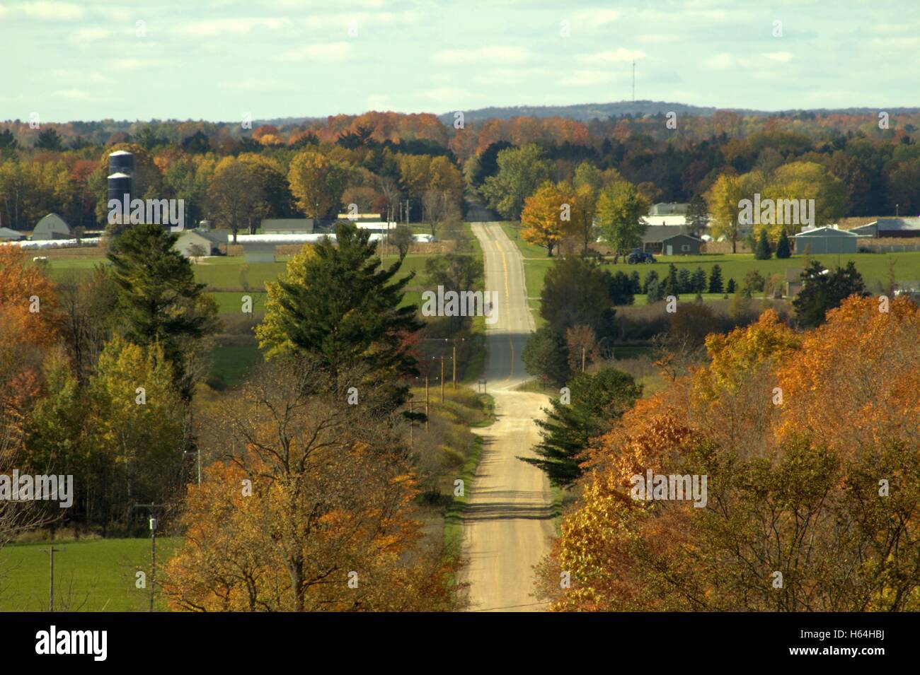 Looking Down At Neighboring Farms From 7 Mile Hill in Autumn, Missaukee County, Michigan Stock Photo
