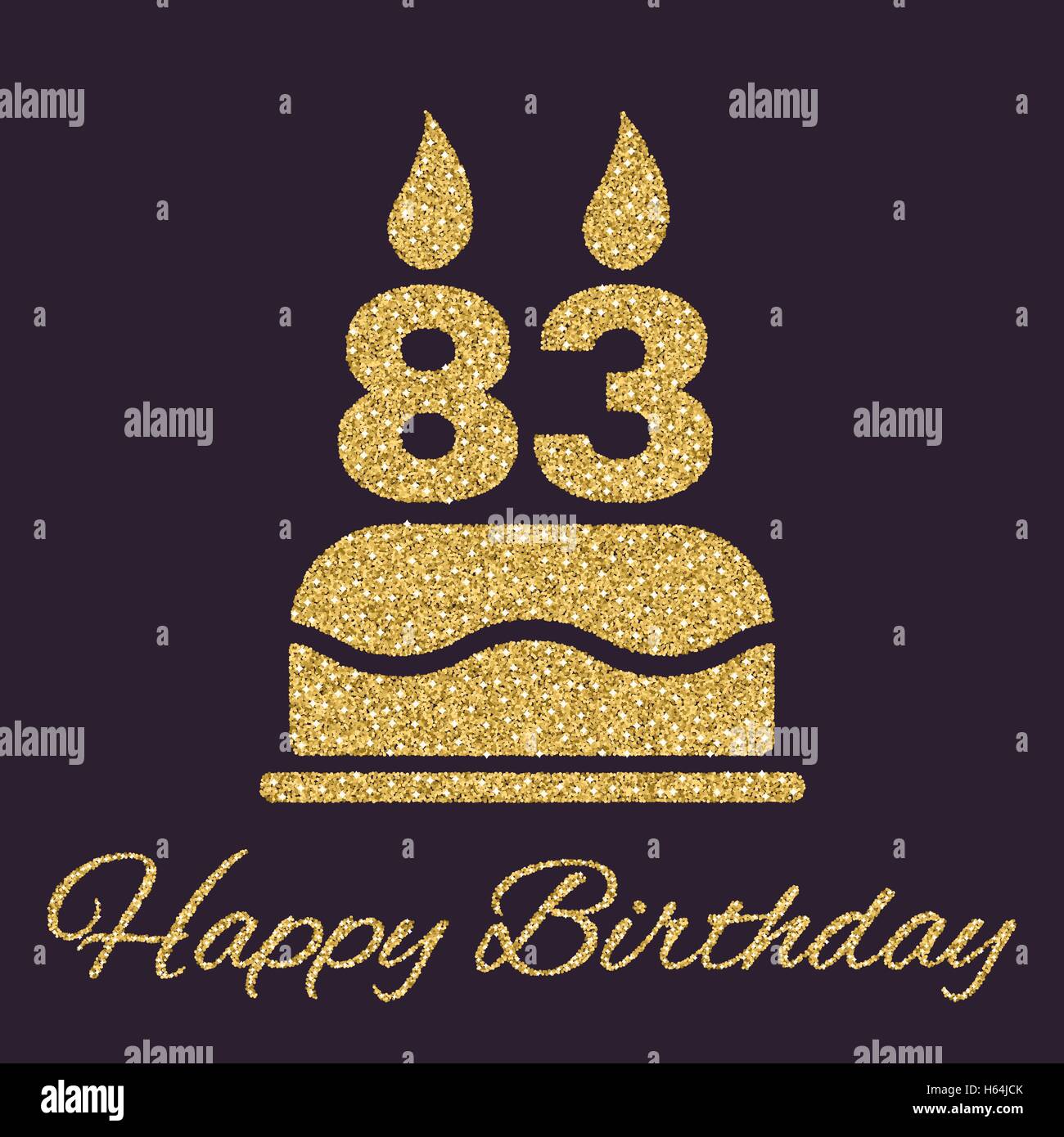 The birthday cake with candles in the form of number 83 icon. Birthday symbol. Gold sparkles and glitter Stock Vector