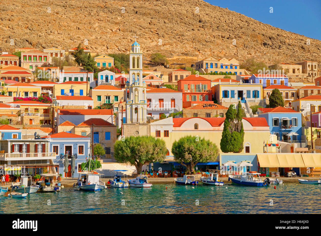 Chalki town on the Greek island of Chalki situated off the north coast of Rhodes in the Dodecanese Island group, Greece. Stock Photo