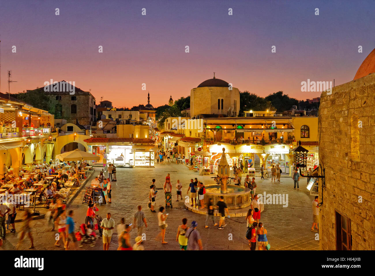 Twilight at Hippocrates (Ipokratous) Square, at Rhodes Old Town, Island of Rhodes, Dodecanese Islands, Greece. Stock Photo