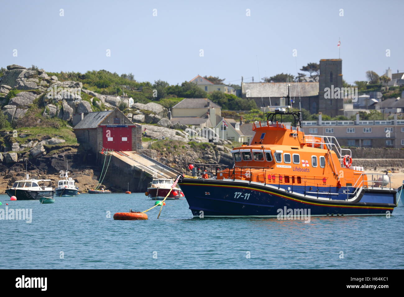 RNLB The Whiteheads Lifeboat 17-11 anchored at St Mary's harbour, Isles of Scilly, UK Stock Photo