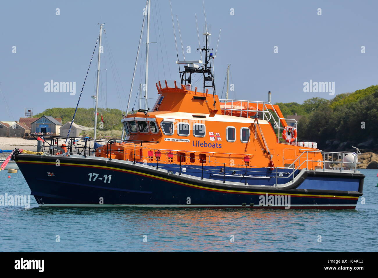 RNLB The Whiteheads Lifeboat 17-11 anchored at St Mary's harbour, Isles of Scilly, UK Stock Photo