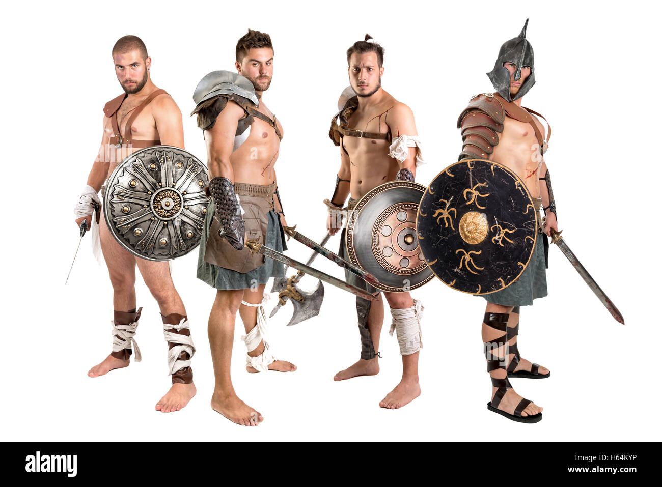 Group of gladiators posing isolated in white Stock Photo