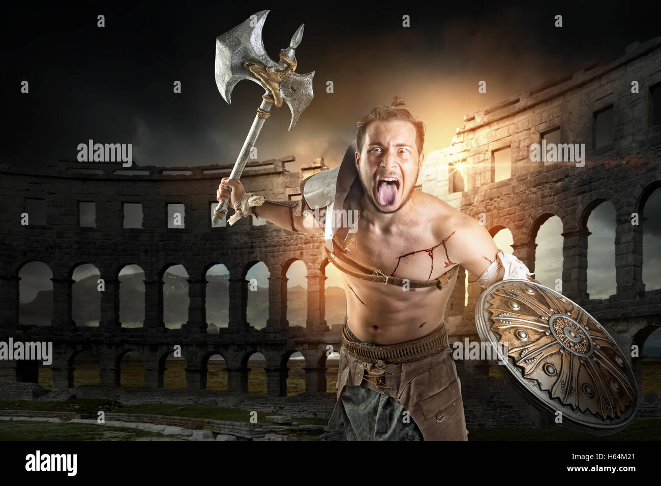 Ancient warrior or Gladiator ready to fight in the arena Stock Photo