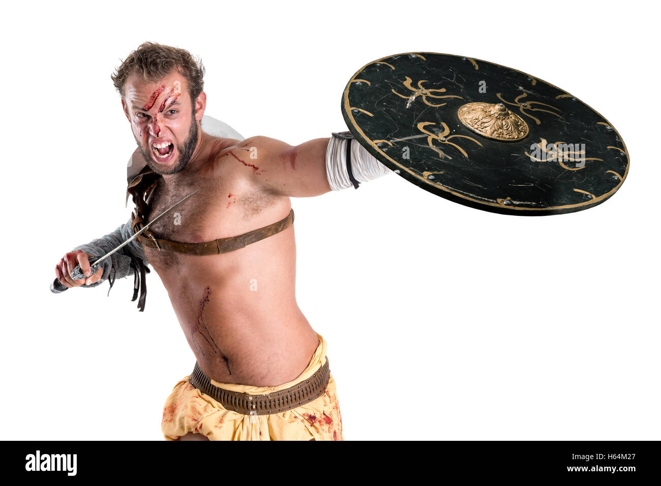 Ancient warrior or Gladiator isolated in a white background Stock Photo