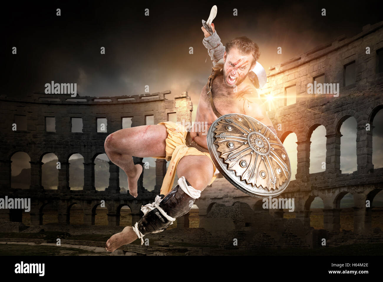 Ancient warrior or Gladiator ready to fight in the arena Stock Photo