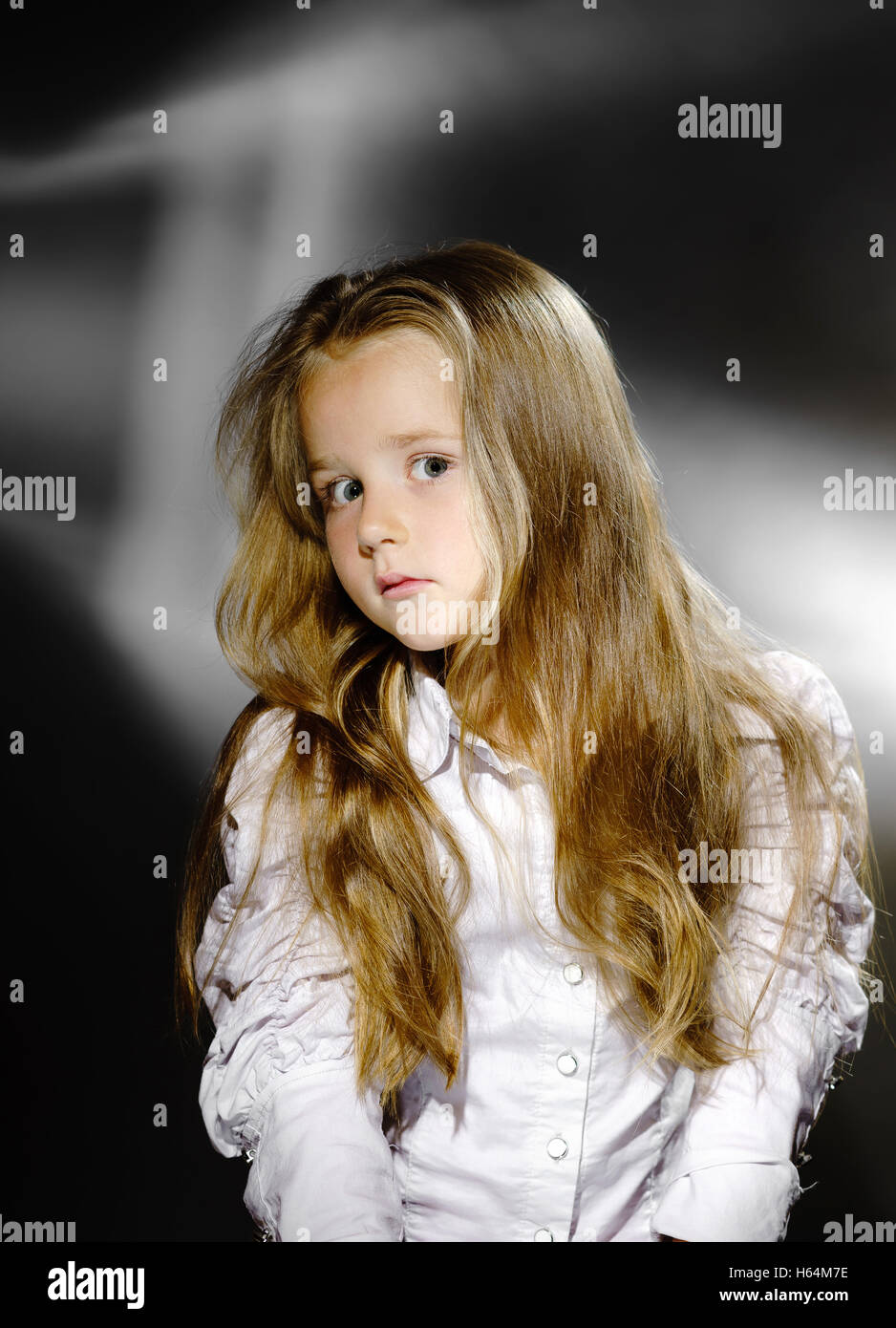 Emotional Portrait Of Cute Little Girl With Long Hair Vintage