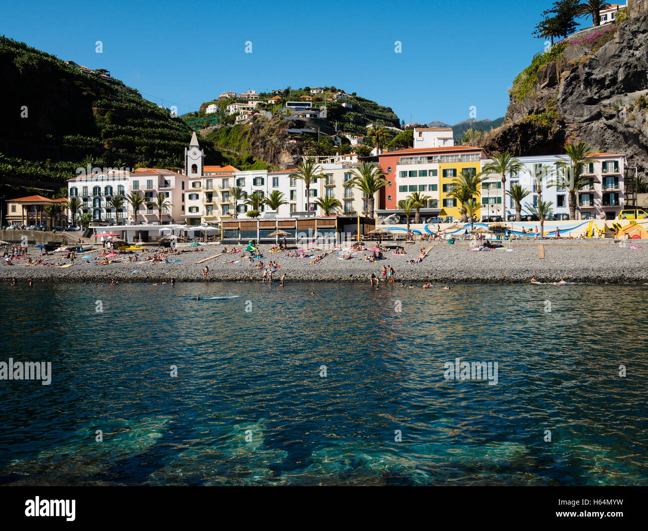 The beach of Ponta do Sol with the Enotel hotel on the Portuguese island of Madeira Stock Photo