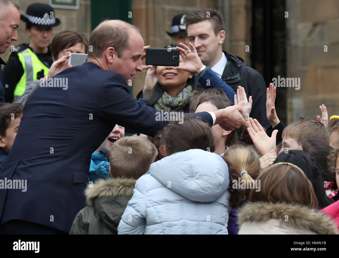 The Duke of Cambridge, known as the Earl of Strathearn in Scotland, meets children from Allan's Primary School as he leaves the Argyll and Sutherland Highlanders Regimental Museum at Stirling Castle after a visit. Stock Photo