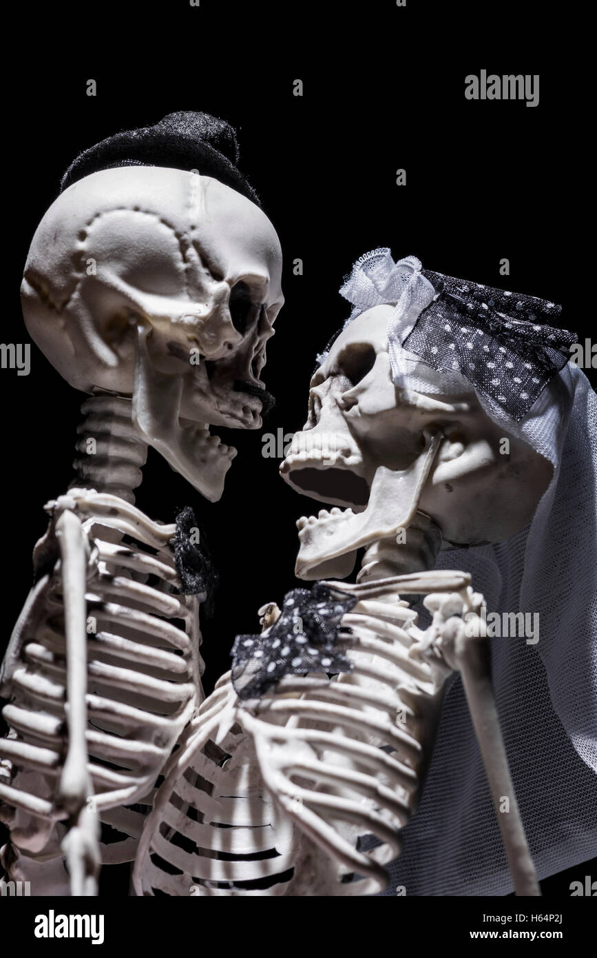 Skeleton bride and groom kissing. Stock Photo