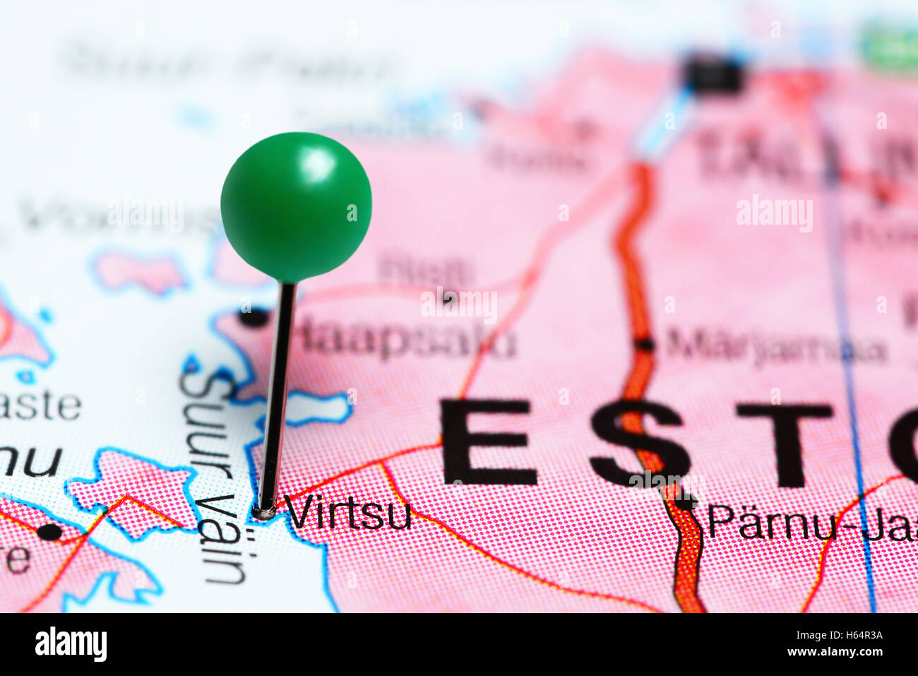 Virtsu pinned on a map of Estonia Stock Photo
